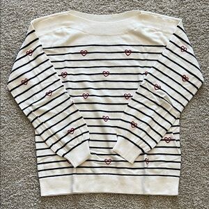 LOFT Cream and Black Striped Sweater with Red Heart Accents